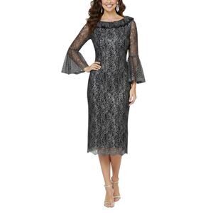 XSCAPE Sparkly Floral Lace Long Bell Sleeve Sheath Cocktail Dress Blue Size 6